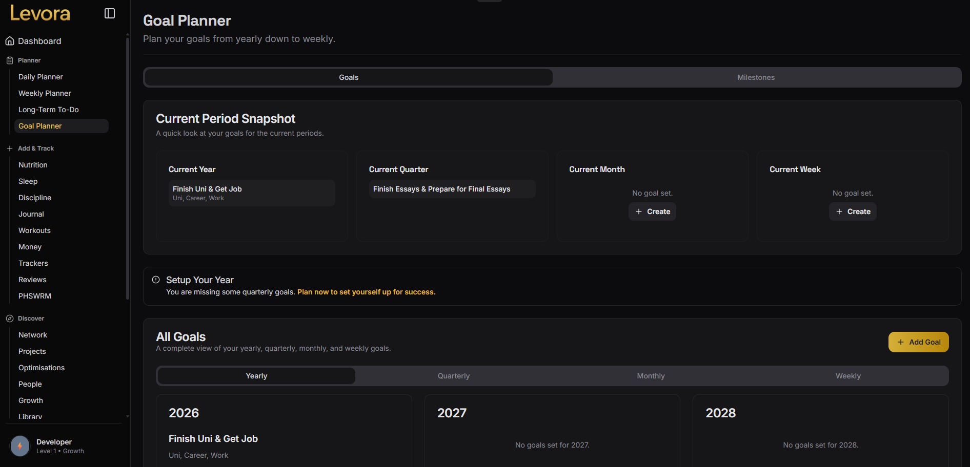 Goals and Projects feature screenshot